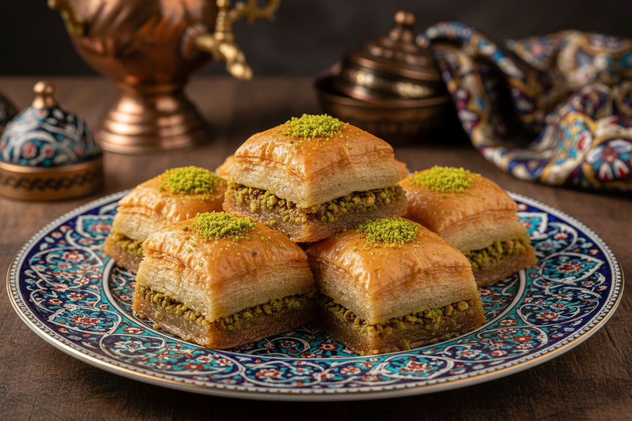 Baklava fistikili with Turkish background