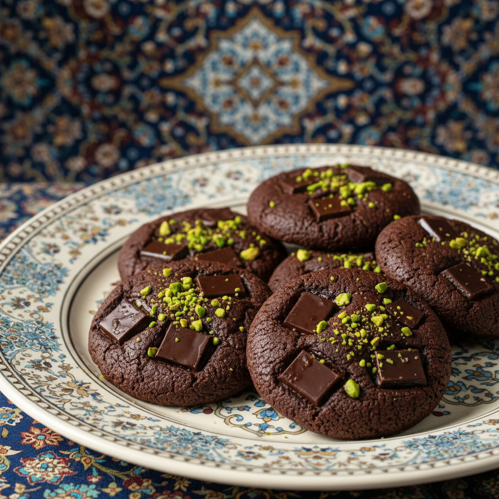 Dark Chocolate Pistachio cookies scattered on dish