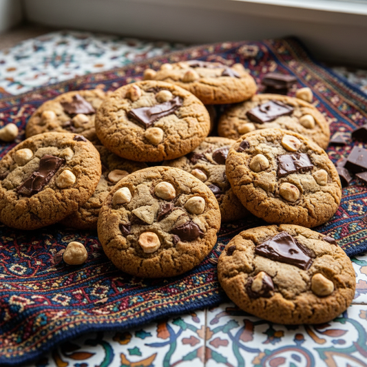 Milk chocolate hazelnut cookies with Persian background